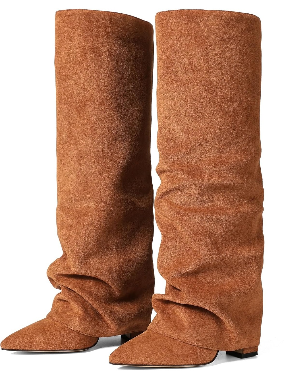 Women's Suede Brown Fold Over Wide Calf Chunky Block Heel Shark Knee High Boots